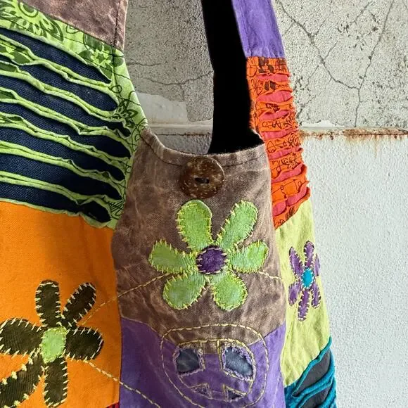 Boho Patchwork Shoulder Bag Nepal Cotton Embroidered Hippie Peace‎ Sign Purse - Picture 2 of 8